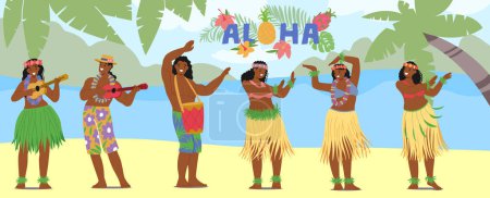 Téléchargez les illustrations : Groupe de danseurs hawaïens en costumes traditionnels et expressions joyeuses. Les joueurs Ukulele et les artistes Hula dégagent une énergie vibrante sur une plage tropicale ensoleillée entourée de fleurs tropicales et de signes Aloha - en licence libre de droit
