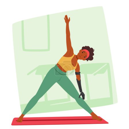 Ilustración de Determined Female Athlete With A Prosthetic Arm Practices Yoga In Gym, Showcasing Strength And Flexibility. Her Pose Exudes Confidence And Empowerment, Illustrating Physical Challenges Are No Barrier - Imagen libre de derechos