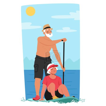 Senior Paar genießen Sie einen sonnigen Tag Paddleboarding. Ein älterer Mann steht und paddelt, während die Frau zufrieden sitzt, beide tragen Hüte und lässige Sommerkleidung. Cartoon People Vektor Illustration