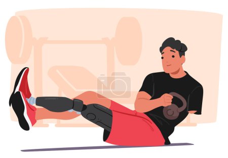 Young Male Athlete With A Prosthetic Leg Working Out In A Gym, Using A Kettlebell To Strengthen His Muscles. Vector Scene Promotes Perseverance, Accessibility, And Inclusiveness In Sports And Fitness