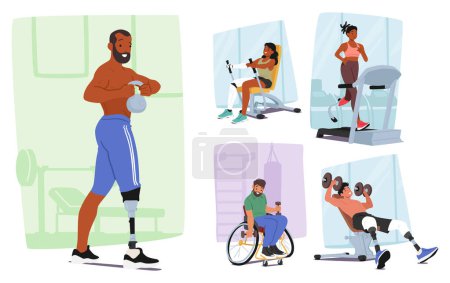 Diverse Characters With Disabilities Actively Engage In Various Gym Exercises, Demonstrating Strength And Resilience. Focused Wheelchair User, Women And Men With Prosthetic Limbs Workout and Training