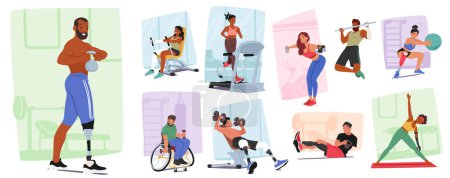 Vector Set of Diverse Disabled Characters Actively Participating In Various Gym Exercises And Fitness Routines, From Wheelchair Users Lifting Weights To Amputees Practicing Yoga And Using Treadmills
