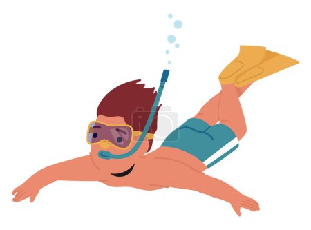Young Boy Having A Thrilling Underwater Adventure, Gliding Through The Water With Snorkeling Gear. His Face Shows Excitement, Visible Through The Clear Mask, As He Explores The Aquatic Life, Vector