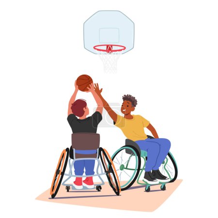 Dos jóvenes atletas en sillas de ruedas juegan al baloncesto, mostrando gran entusiasmo y trabajo en equipo, representan la inclusión y el espíritu de los deportes adaptativos, la alegría y la competitividad del juego de baloncesto