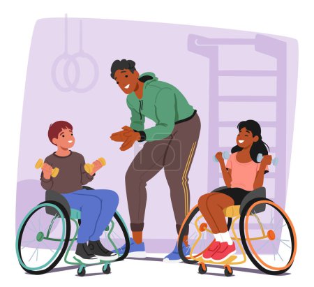Inclusive Fitness Session Featuring A Young Coach And Two Children In Wheelchairs Lifting Weights In A Gym. Children, Showcasing Joy And Determination, Participate Actively In Their Exercise Routine