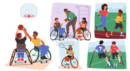 Set Of Inclusive Sports Activities, Children With Disabilities Engaging In Basketball, Running, And Soccer. Concept Of Diversity And Teamwork Among Young Athletes, Accessibility And Equality In Sports