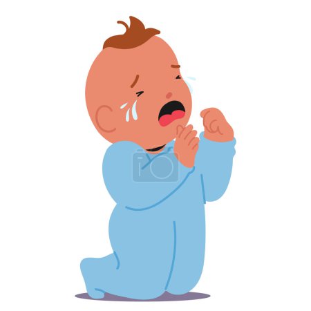 Weinendes Baby in blauem Onesie-Knie und Ausdruck von Unbehagen oder Bedürfnissen isoliert auf weißem Hintergrund. Junge mit Tränen in den Augen und weit aufgerissenem Mund fangen Moment des Aufruhrs ein. Zeichentrickvektorillustration