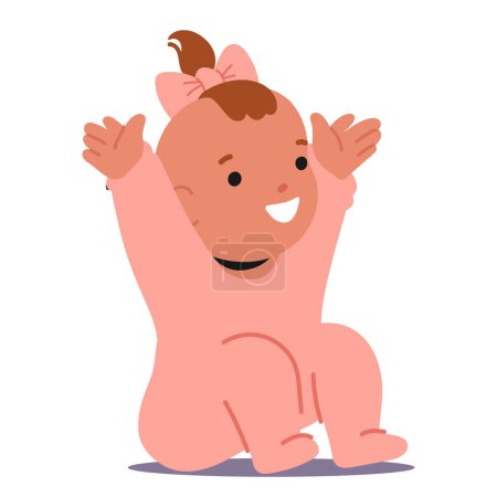 Cheerful Baby Girl Dressed In A Pink Onesie Joyfully Raising Her Hands, Infant Child Showcasing A Wide Smile. Cartoon Vector Illustration Related To Childhood Happiness And Developmental Milestones