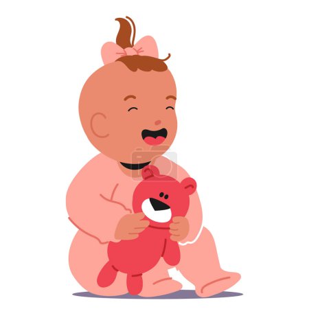 Joyful Baby Girl With A Bow In Her Hair, Laughing Heartily As She Holds A Red Teddy Bear. Cartoon Vector Illustration Captures The Innocence And Happiness Of Early Childhood, Kids, Toys And Joy