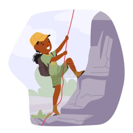 Junge afroamerikanische Pfadfinderin klettert begeistert einen Felsen hinauf, ausgestattet mit Seil und Geschirr, und zeigt Tapferkeit und Freude in einem natürlichen Umfeld, Geist des Jugendabenteuers und Outdoor-Bildung