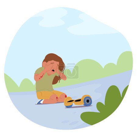 Karikatur eines weinenden Kindes nach einem Hoverboard-Unfall in einem Park. Vektor-Illustration zeigt ein gestörtes Kind mit Kratzern auf Knien und Händen, das mit einem Hoverboard in der Nähe auf dem Boden sitzt
