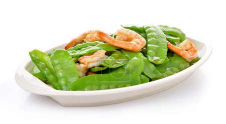 Photo for Fried Shrimp With Snow Peas .food in dish high protien on white  backgroud. - Royalty Free Image