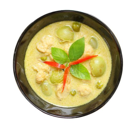 Photo for Traditional green curry chicken cuisine asian food, Chicken green curry Thai food on soup bowl with ingredient vegetable herbs and spices pepper chili. Top view on white background. - Royalty Free Image