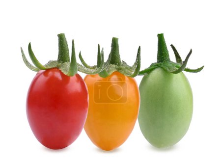 Photo for Fresh green, red and yellow tomatoes isolated on white background, . - Royalty Free Image