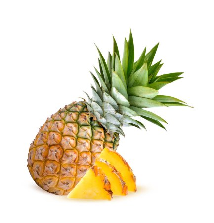 Photo for Whole pineapple :half and pineapple slice. Pineapple with leaves isolate on white backgrkound. - Royalty Free Image