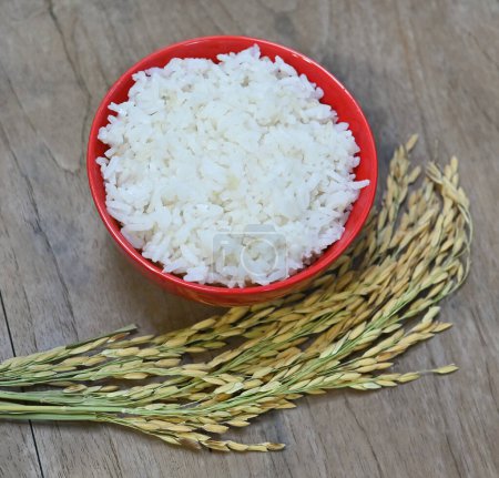 Photo for Red bowl of jasmine rice and grains on wood table and brown rice raw. - Royalty Free Image