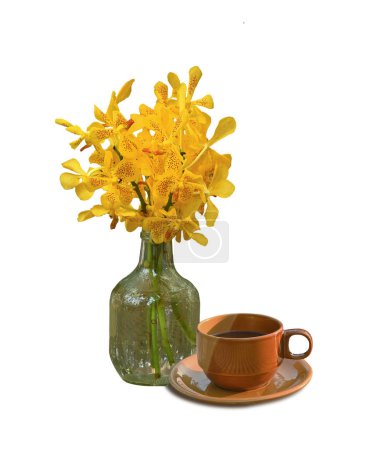 Photo for Spring morning coffee. A cup of coffee   a background of yellow. - Royalty Free Image