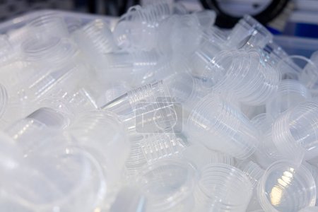 Factory for the production of plastic packaging. Lots of transparent plastic containers with lids. Plastic food packaging. Plastic molding.
