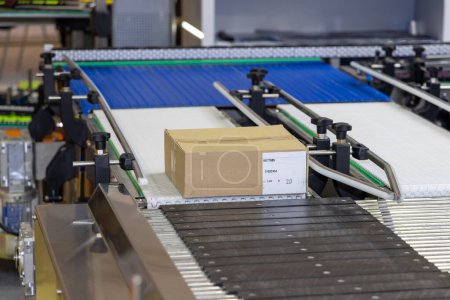 Logistics Efficiency - Cardboard Box on Conveyor Belt in Distribution Warehouse. Parcel Moving Through Automated Shipping System. Streamlined Order Fulfillment - Box in Transit on Warehouse Conveyor.