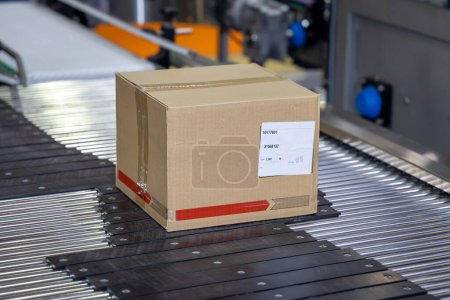 Karton gleitet auf einem Lagerband. Verschlankte Verpackung in einem automatisierten Logistikzentrum in Bewegung. Effiziente Verteilung: Etikettierte Box auf automatisiertem Lagerfördersystem.