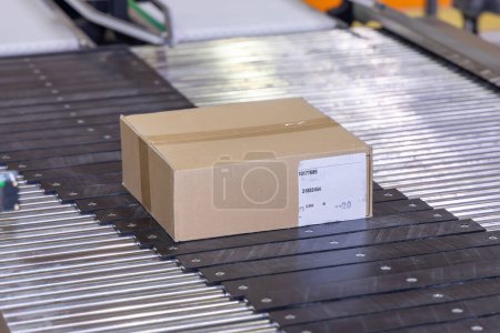 Logistik-Effizienz - Karton auf Förderband im Distributionslager. Parcel Moving Through Automated Shipping System. Straffere Auftragsabwicklung - Transportbox auf dem Lagerband.