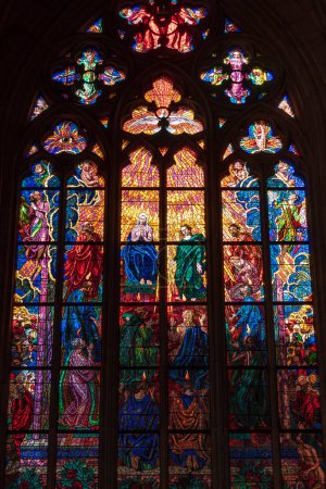 Photo for Medieval stained glass window in St. Vitus Cathedral in Prague - Royalty Free Image
