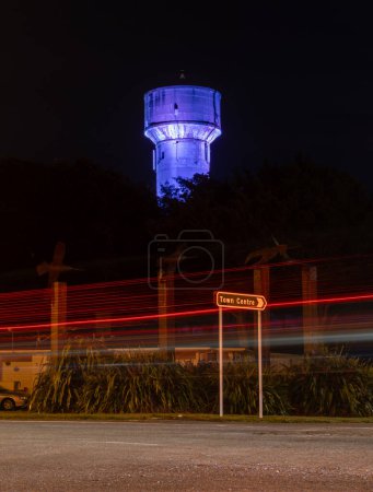 Foto de Torre de agua Foxton con iluminación de color nocturno y estatuas de aves en primer plano. - Imagen libre de derechos