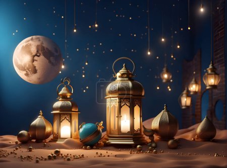 Photo for Ramadan kareem abstract background with lantern, desert, Dunes and Crescent - Royalty Free Image