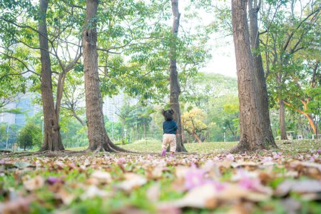 Photo for Adorable little asian girl walking on green grass public park morning sunrise - Royalty Free Image