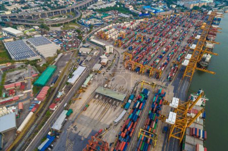 Photo for Logistic containers freight, shipping import and export port with crane, aerial view - Royalty Free Image