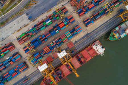 Photo for Logistic containers freight, shipping import and export port with crane, aerial view - Royalty Free Image