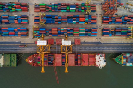 Photo for Freight containers to cargo ship in dock, Aerial view of transport pier - Royalty Free Image