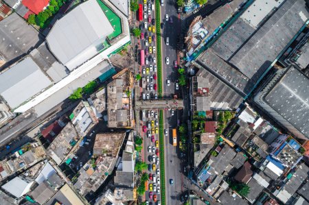 Photo for City traffic, intersection circular road with buildings, aerial view - Royalty Free Image