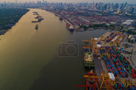 Photo for Aerial view shipping crane boat city habour port with container truck city view background transport industry - Royalty Free Image