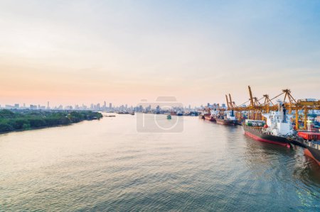 Photo for Cargo ship with containers, city logistics and transportation. Aerial view - Royalty Free Image