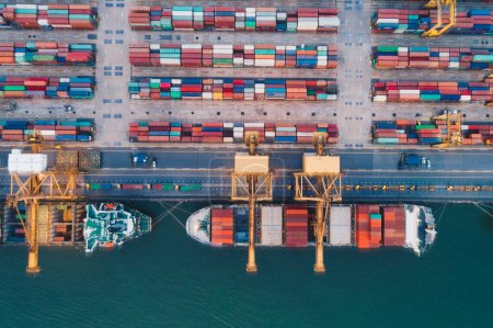 Photo for Container ship in import export city logistics and transportation of container cargo ship  Aerial view business logistics concept - Royalty Free Image