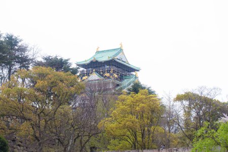 Photo for Osaka Castle beautiful Japanese temple green winter forest trees Nishinomaru Garden, Japan. - Royalty Free Image