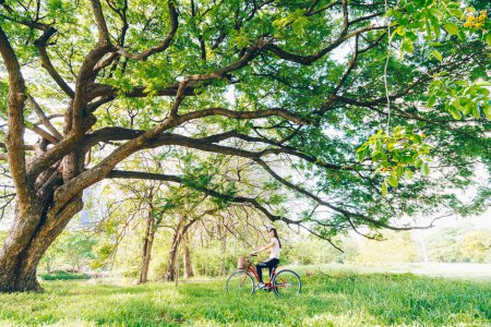 Foto de Hermosa mujer asiática con bicicleta en verde prado árbol parque recreación al aire libre - Imagen libre de derechos