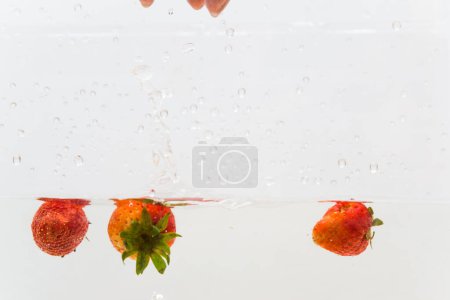 Photo for Strawberry vitamin fruit splash in water on white background - Royalty Free Image