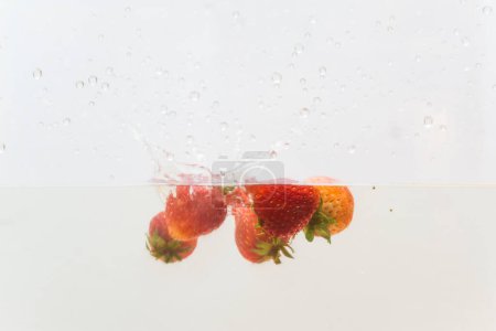 Foto de Fruta fresca de fresa en agua clara sobre fondo blanco - Imagen libre de derechos