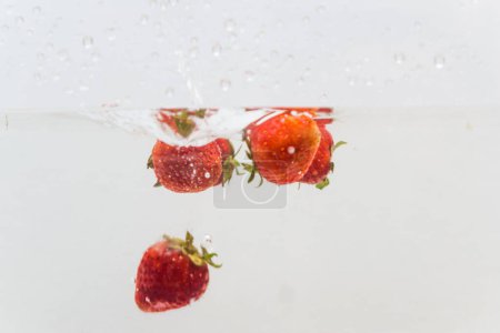 Téléchargez les photos : Fraise fraîche en eau claire sur fond blanc - en image libre de droit