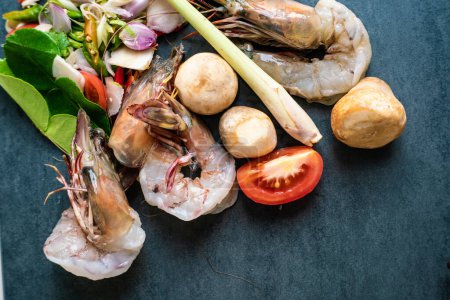 Photo for Top view on seafood and vegetables fresh ready for cooking Tom yum - Royalty Free Image