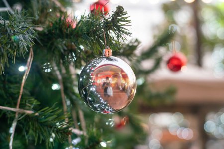 Photo for Christmas ball decorate on luxury pine tree branch night light bokeh blurred background scene happy new year - Royalty Free Image