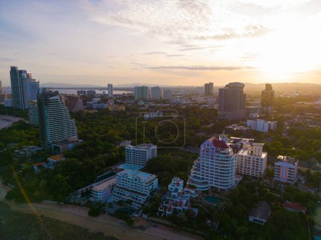 Photo for Aerial view Pattaya city hotels buildings sunrise morning sea bay sightseeing in Thailand - Royalty Free Image