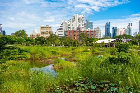 Foto de Ciudad verde parque forestal Benchakitti nuevo parque tropical con edificios de oficinas Silom ciudad Bangkok Tailandia - Imagen libre de derechos