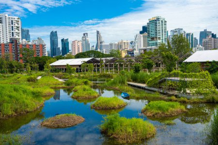 Photo for City green forest park Benchakitti new tropical park with office buildings Silom city Bangkok Thailand - Royalty Free Image