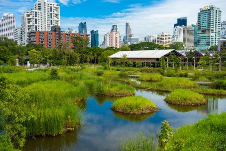 Téléchargez les photos : Ville parc forestier vert Benchakitti nouveau parc tropical avec immeubles de bureaux Silom ville Bangkok Thaïlande - en image libre de droit