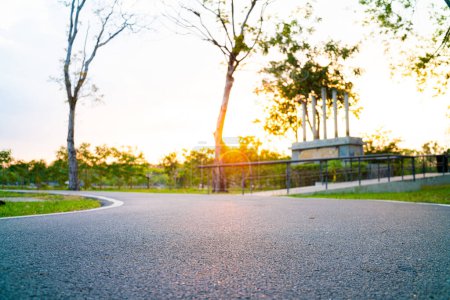 Téléchargez les photos : Asphalte parc routier sur la course à pied chemin avec herbe de prairie verte avec la lumière du coucher du soleil, arrière-plan de la nature - en image libre de droit