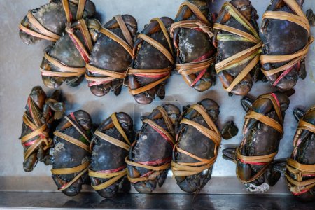 Téléchargez les photos : Crabes de mer vivants frais vendent dans le marché de la pêche fruits de mer - en image libre de droit