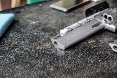 Téléchargez les photos : Canon court et long de .44 magnum revolver en acier inoxydable concept de défense personnelle - en image libre de droit
